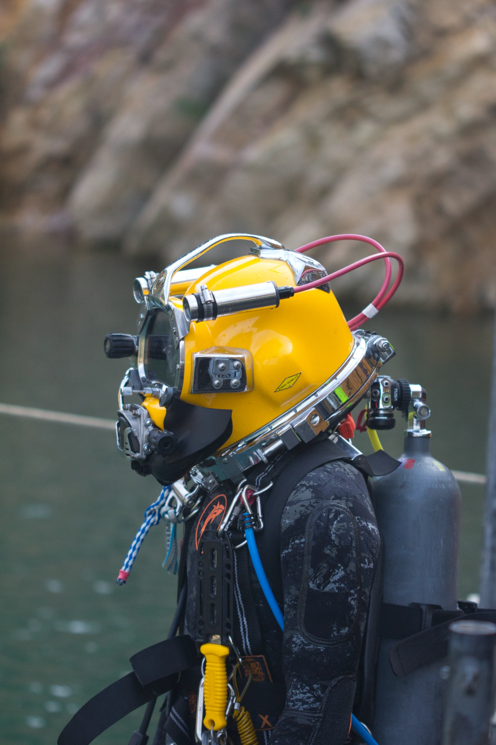 UTCSA student in full SSBA kit, Kirby Morgan KM37 helmet, bailout bottle and harness, at the Burra quarry training site